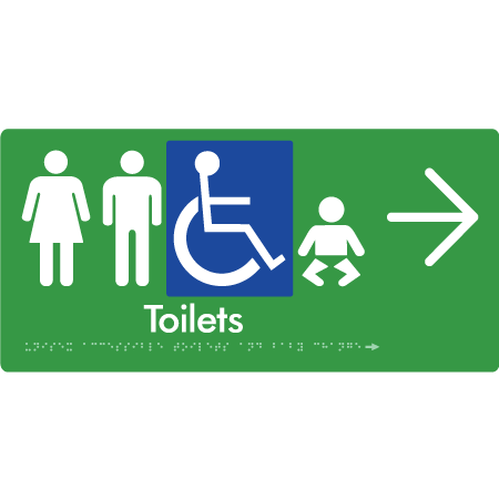 Braille Sign Unisex Accessible Toilets & Baby Change w/ Large Arrow - Braille Tactile Signs Aust. - BTS207->R-grn - Custom Signs - Fast Shipping - High Quality - Australian Made &amp; Owned