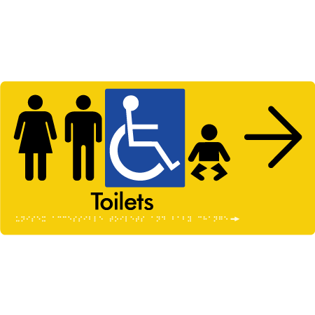Braille Sign Unisex Accessible Toilets & Baby Change w/ Large Arrow - Braille Tactile Signs Aust. - BTS207->R-yel - Custom Signs - Fast Shipping - High Quality - Australian Made &amp; Owned