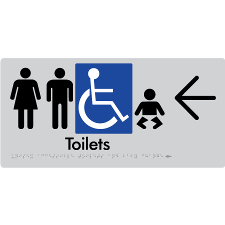 Braille Sign Unisex Accessible Toilets & Baby Change w/ Large Arrow - Braille Tactile Signs Aust. - BTS207->L-slv - Custom Signs - Fast Shipping - High Quality - Australian Made &amp; Owned