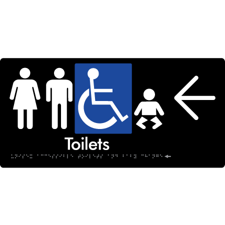Braille Sign Unisex Accessible Toilets & Baby Change w/ Large Arrow - Braille Tactile Signs Aust. - BTS207->L-blk - Custom Signs - Fast Shipping - High Quality - Australian Made &amp; Owned