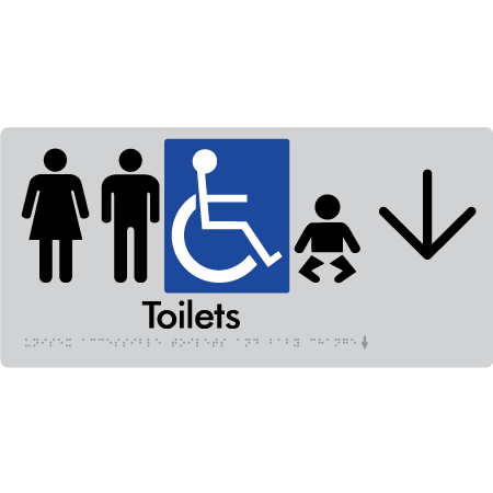 Braille Sign Unisex Accessible Toilets & Baby Change w/ Large Arrow - Braille Tactile Signs Aust. - BTS207->D-slv - Custom Signs - Fast Shipping - High Quality - Australian Made &amp; Owned