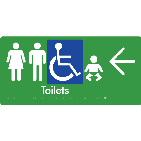 Braille Sign Unisex Accessible Toilets & Baby Change w/ Large Arrow - Braille Tactile Signs Aust. - BTS207->L-grn - Custom Signs - Fast Shipping - High Quality - Australian Made &amp; Owned