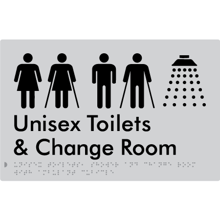 Braille Sign Unisex Ambulant Toilets, Shower & Change Room - Braille Tactile Signs Aust. - BTS416-slv - Custom Signs - Fast Shipping - High Quality - Australian Made &amp; Owned