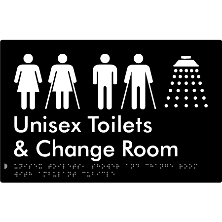 Braille Sign Unisex Ambulant Toilets, Shower & Change Room - Braille Tactile Signs Aust. - BTS416-blk - Custom Signs - Fast Shipping - High Quality - Australian Made &amp; Owned