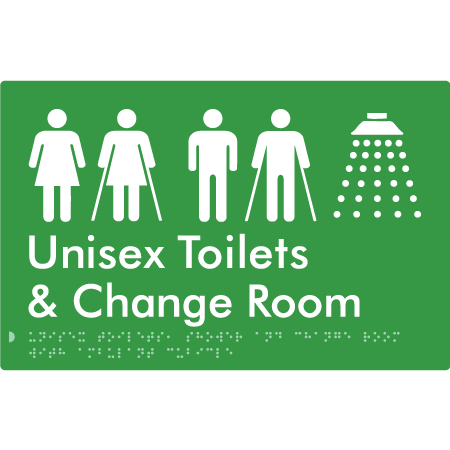 Braille Sign Unisex Ambulant Toilets, Shower & Change Room - Braille Tactile Signs Aust. - BTS416-grn - Custom Signs - Fast Shipping - High Quality - Australian Made &amp; Owned