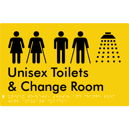 Braille Sign Unisex Ambulant Toilets, Shower & Change Room - Braille Tactile Signs Aust. - BTS416-yel - Custom Signs - Fast Shipping - High Quality - Australian Made &amp; Owned