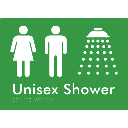 Braille Sign Unisex Shower - Braille Tactile Signs Aust. - BTS08n-grn - Custom Signs - Fast Shipping - High Quality - Australian Made &amp; Owned