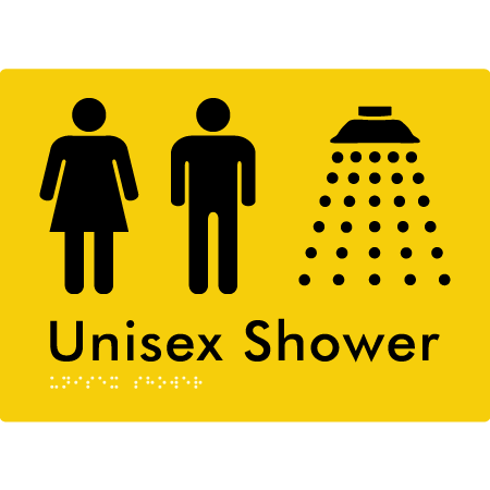 Braille Sign Unisex Shower - Braille Tactile Signs Aust. - BTS08n-yel - Custom Signs - Fast Shipping - High Quality - Australian Made &amp; Owned