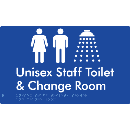 Braille Sign Unisex Staff Toilet, Shower & Change Room - Braille Tactile Signs Aust. - BTS389-blu - Custom Signs - Fast Shipping - High Quality - Australian Made &amp; Owned