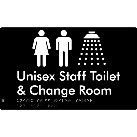 Braille Sign Unisex Staff Toilet, Shower & Change Room - Braille Tactile Signs Aust. - BTS389-blk - Custom Signs - Fast Shipping - High Quality - Australian Made &amp; Owned