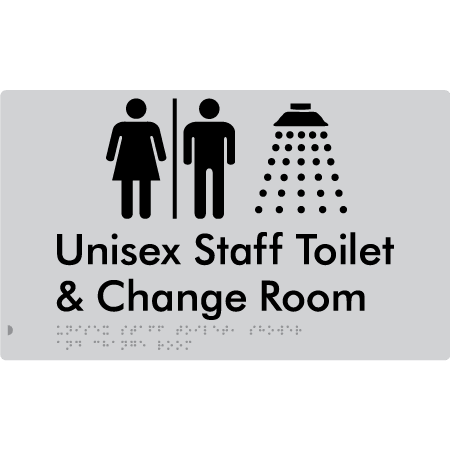 Braille Sign Unisex Staff Toilet, Shower & Change Room with Air Lock - Braille Tactile Signs Aust. - BTS389-AL-slv - Custom Signs - Fast Shipping - High Quality - Australian Made &amp; Owned