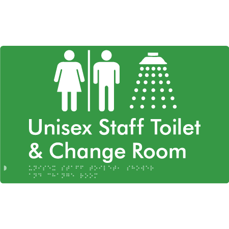 Braille Sign Unisex Staff Toilet, Shower & Change Room with Air Lock - Braille Tactile Signs Aust. - BTS389-AL-grn - Custom Signs - Fast Shipping - High Quality - Australian Made &amp; Owned