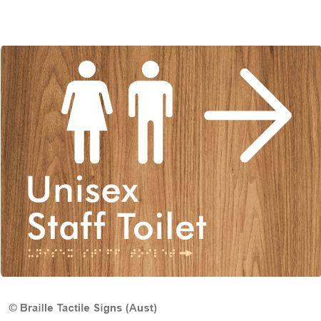 Braille Sign Unisex Staff Toilet w/ Large Arrow: - Braille Tactile Signs (Aust) - BTS42n->R-wdg - Fully Custom Signs - Fast Shipping - High Quality - Australian Made &amp; Owned
