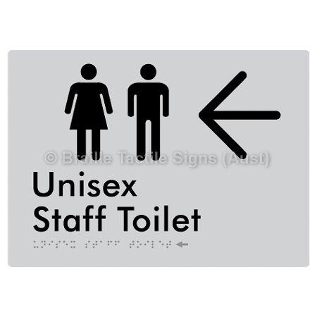 Braille Sign Unisex Staff Toilet w/ Large Arrow: - Braille Tactile Signs (Aust) - BTS42n->L-slv - Fully Custom Signs - Fast Shipping - High Quality - Australian Made &amp; Owned