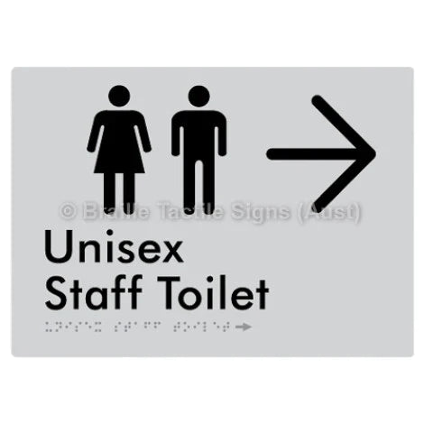 Braille Sign Unisex Staff Toilet w/ Large Arrow: - Braille Tactile Signs (Aust) - BTS42n->R-slv - Fully Custom Signs - Fast Shipping - High Quality - Australian Made &amp; Owned