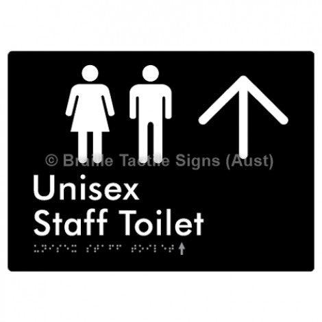 Braille Sign Unisex Staff Toilet w/ Large Arrow: - Braille Tactile Signs (Aust) - BTS42n->L-blk - Fully Custom Signs - Fast Shipping - High Quality - Australian Made &amp; Owned