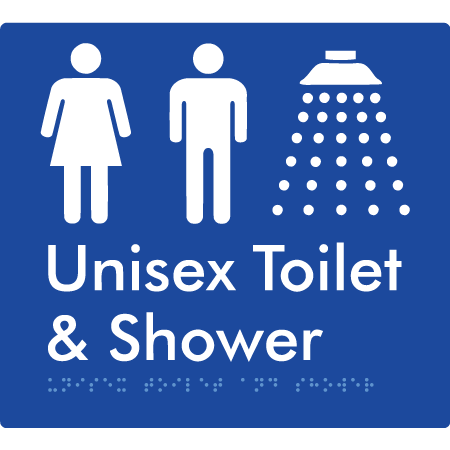 Braille Sign Unisex Toilet & Shower - Braille Tactile Signs Aust. - BTS98n-blu - Custom Signs - Fast Shipping - High Quality - Australian Made &amp; Owned