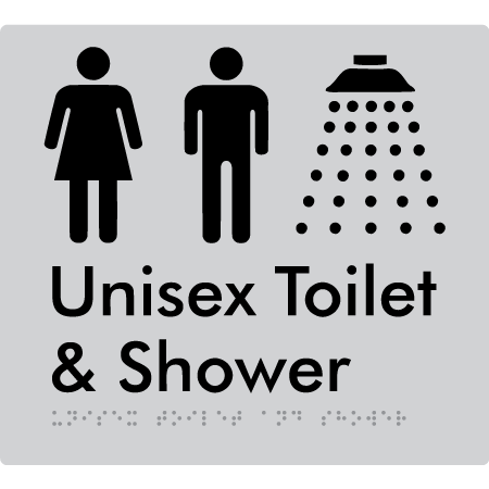 Braille Sign Unisex Toilet & Shower - Braille Tactile Signs Aust. - BTS98n-slv - Custom Signs - Fast Shipping - High Quality - Australian Made &amp; Owned