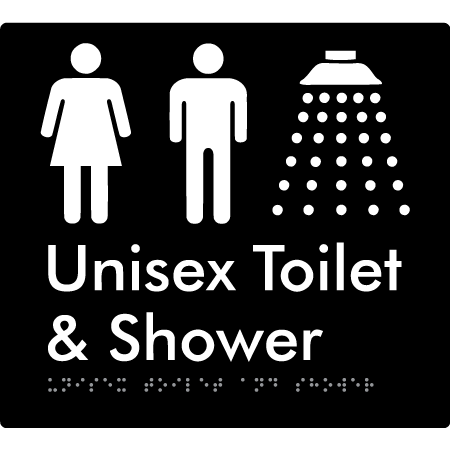 Braille Sign Unisex Toilet & Shower - Braille Tactile Signs Aust. - BTS98n-blk - Custom Signs - Fast Shipping - High Quality - Australian Made &amp; Owned