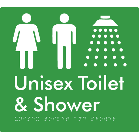 Braille Sign Unisex Toilet & Shower - Braille Tactile Signs Aust. - BTS98n-grn - Custom Signs - Fast Shipping - High Quality - Australian Made &amp; Owned