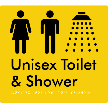 Braille Sign Unisex Toilet & Shower - Braille Tactile Signs Aust. - BTS98n-yel - Custom Signs - Fast Shipping - High Quality - Australian Made &amp; Owned