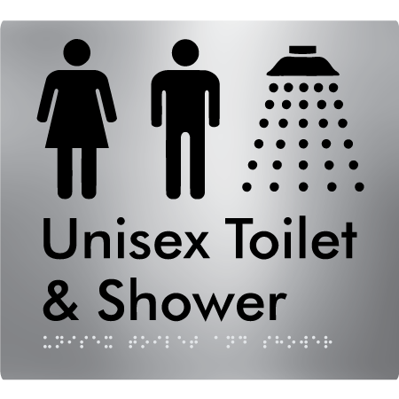 Braille Sign Unisex Toilet & Shower - Braille Tactile Signs Aust. - BTS98n-aliS - Custom Signs - Fast Shipping - High Quality - Australian Made &amp; Owned