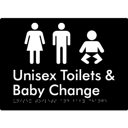 Braille Sign Unisex Toilets & Baby Change - Braille Tactile Signs Aust. - BTS162n-blk - Custom Signs - Fast Shipping - High Quality - Australian Made &amp; Owned