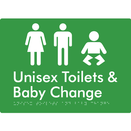 Braille Sign Unisex Toilets & Baby Change - Braille Tactile Signs Aust. - BTS162n-grn - Custom Signs - Fast Shipping - High Quality - Australian Made &amp; Owned