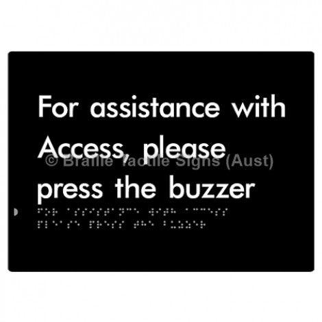 Braille Sign For Assistance With Access, Please Press The Buzzer - Braille Tactile Signs (Aust) - BTS128-blk - Fully Custom Signs - Fast Shipping - High Quality - Australian Made &amp; Owned