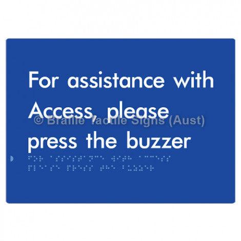 Braille Sign For Assistance With Access, Please Press The Buzzer - Braille Tactile Signs (Aust) - BTS128-blu - Fully Custom Signs - Fast Shipping - High Quality - Australian Made &amp; Owned