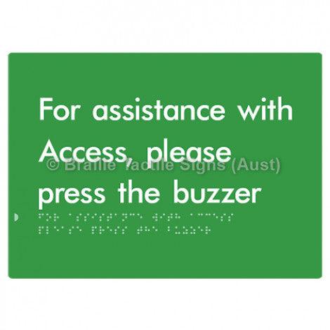 Braille Sign For Assistance With Access, Please Press The Buzzer - Braille Tactile Signs (Aust) - BTS128-grn - Fully Custom Signs - Fast Shipping - High Quality - Australian Made &amp; Owned