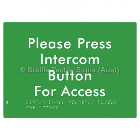 Braille Sign Please Press Intercom Button for Access - Braille Tactile Signs (Aust) - BTS220-grn - Fully Custom Signs - Fast Shipping - High Quality - Australian Made &amp; Owned