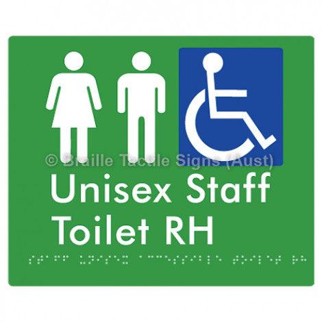 Braille Sign Staff Unisex Accessible Toilet RH - Braille Tactile Signs (Aust) - BTS262RH-grn - Fully Custom Signs - Fast Shipping - High Quality - Australian Made &amp; Owned