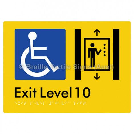 Braille Sign Exit Level 10 Via Lift - Braille Tactile Signs (Aust) - BTS271-10-yel - Fully Custom Signs - Fast Shipping - High Quality - Australian Made &amp; Owned
