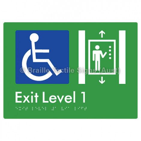 Braille Sign Exit Level 1 Via Lift - Braille Tactile Signs (Aust) - BTS271-01-grn - Fully Custom Signs - Fast Shipping - High Quality - Australian Made &amp; Owned