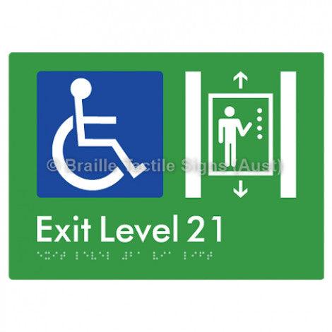 Braille Sign Exit Level 21 Via Lift - Braille Tactile Signs (Aust) - BTS271-21-grn - Fully Custom Signs - Fast Shipping - High Quality - Australian Made &amp; Owned