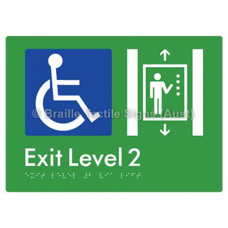 Braille Sign Exit Level 2 Via Lift - Braille Tactile Signs (Aust) - BTS271-02-grn - Fully Custom Signs - Fast Shipping - High Quality - Australian Made &amp; Owned