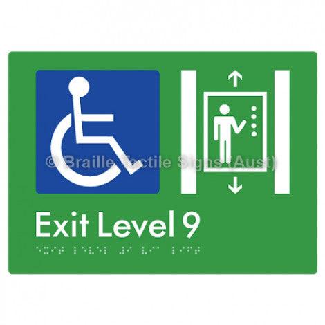 Braille Sign Exit Level 9 Via Lift - Braille Tactile Signs (Aust) - BTS271-09-grn - Fully Custom Signs - Fast Shipping - High Quality - Australian Made &amp; Owned