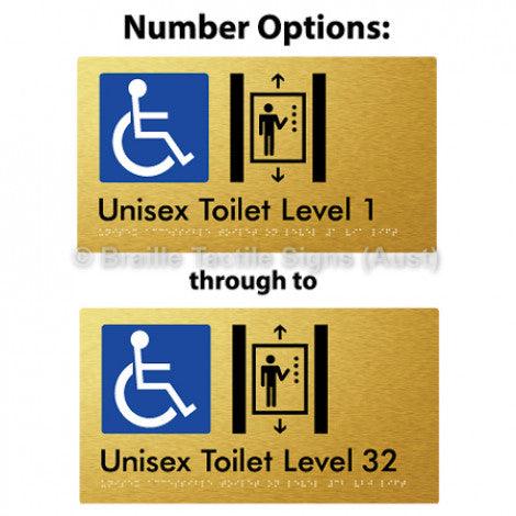 Braille Sign Unisex Accessible Toilet on Level # Via Lift (Opt.# G&1, 1-32) 1 - Braille Tactile Signs (Aust) - BTS276-#-aliG - Fully Custom Signs - Fast Shipping - High Quality - Australian Made &amp; Owned