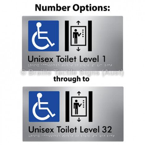 Braille Sign Unisex Accessible Toilet on Level # Via Lift (Opt.# G&1, 1-32) 1 - Braille Tactile Signs (Aust) - BTS276-#-aliS - Fully Custom Signs - Fast Shipping - High Quality - Australian Made &amp; Owned