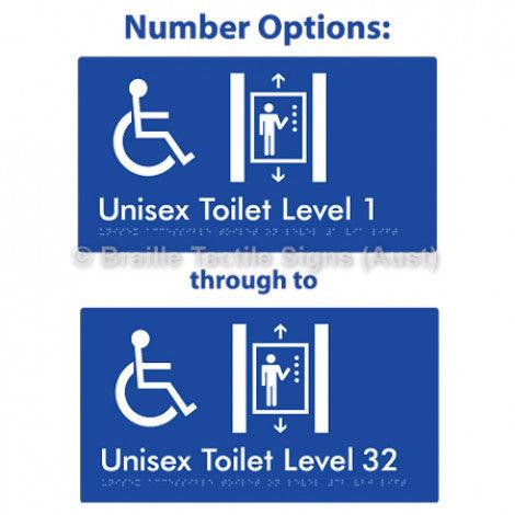 Braille Sign Unisex Accessible Toilet on Level # Via Lift (Opt.# G&1, 1-32) 1 - Braille Tactile Signs (Aust) - BTS276-#-blu - Fully Custom Signs - Fast Shipping - High Quality - Australian Made &amp; Owned