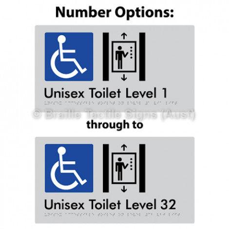 Braille Sign Unisex Accessible Toilet on Level # Via Lift (Opt.# G&1, 1-32) 1 - Braille Tactile Signs (Aust) - BTS276-#-slv - Fully Custom Signs - Fast Shipping - High Quality - Australian Made &amp; Owned