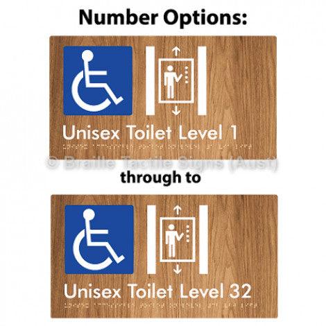 Braille Sign Unisex Accessible Toilet on Level # Via Lift (Opt.# G&1, 1-32) 1 - Braille Tactile Signs (Aust) - BTS276-#-wdg - Fully Custom Signs - Fast Shipping - High Quality - Australian Made &amp; Owned