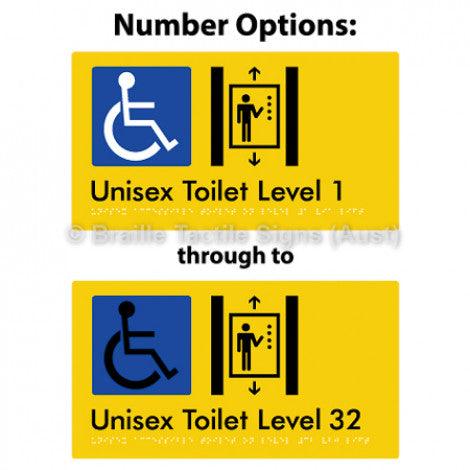 Braille Sign Unisex Accessible Toilet on Level # Via Lift (Opt.# G&1, 1-32) 1 - Braille Tactile Signs (Aust) - BTS276-#-yel - Fully Custom Signs - Fast Shipping - High Quality - Australian Made &amp; Owned