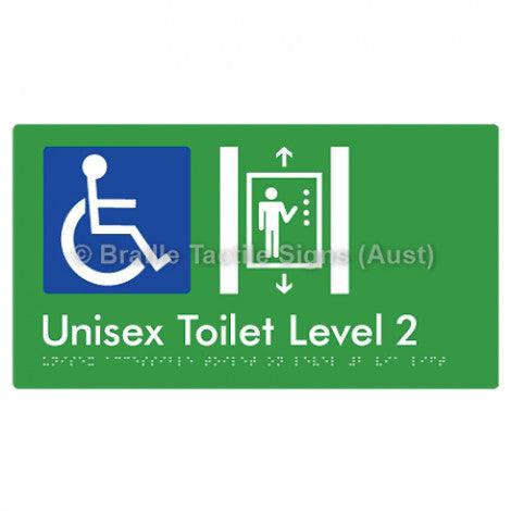 Braille Sign Unisex Accessible Toilet on Level 2 Via Lift - Braille Tactile Signs (Aust) - BTS276-02-grn - Fully Custom Signs - Fast Shipping - High Quality - Australian Made &amp; Owned