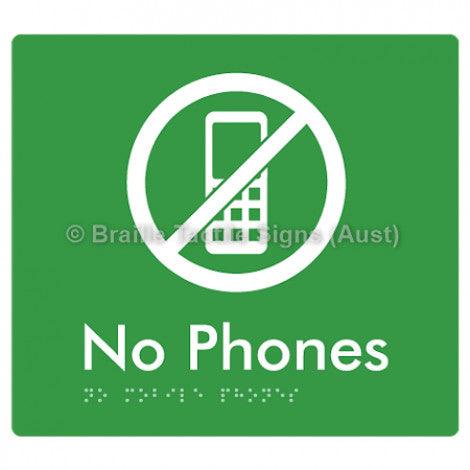 Braille Sign No Mobile Phones - Braille Tactile Signs (Aust) - BTS277-grn - Fully Custom Signs - Fast Shipping - High Quality - Australian Made &amp; Owned