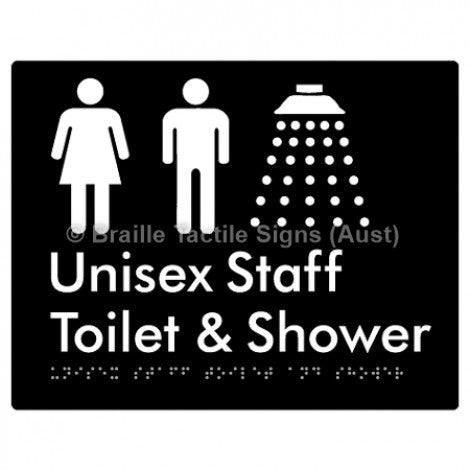 Braille Sign Unisex Staff Toilet & Shower - Braille Tactile Signs (Aust) - BTS281-blk - Fully Custom Signs - Fast Shipping - High Quality - Australian Made &amp; Owned