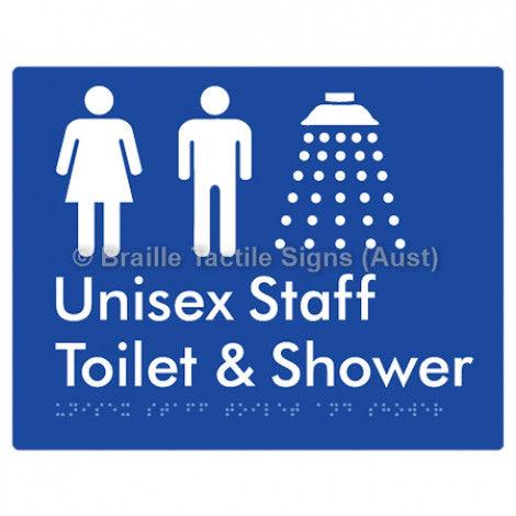 Braille Sign Unisex Staff Toilet & Shower - Braille Tactile Signs (Aust) - BTS281-blu - Fully Custom Signs - Fast Shipping - High Quality - Australian Made &amp; Owned