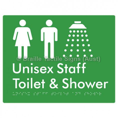 Braille Sign Unisex Staff Toilet & Shower - Braille Tactile Signs (Aust) - BTS281-grn - Fully Custom Signs - Fast Shipping - High Quality - Australian Made &amp; Owned
