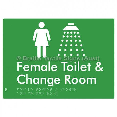 Braille Sign Female Toilet / Shower & Change Room - Braille Tactile Signs (Aust) - BTS282-grn - Fully Custom Signs - Fast Shipping - High Quality - Australian Made &amp; Owned